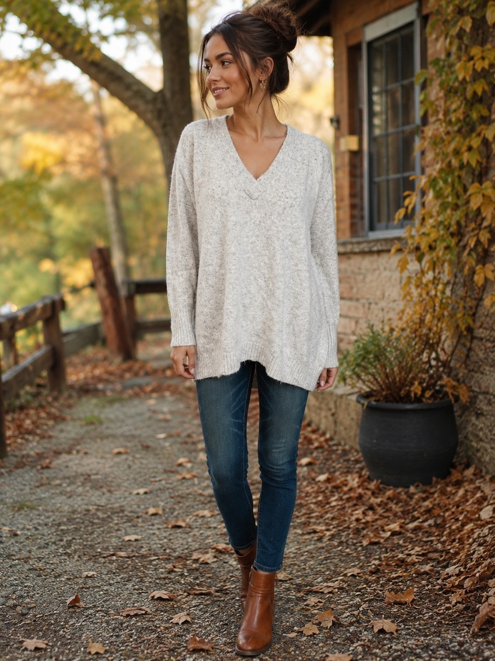 French Connection Oversized V Neck Tunic Sweater Wool Blend Oatmeal Size Small